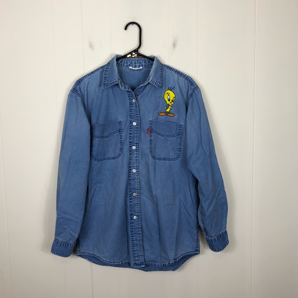 Tweety‎ Bird Denim Button Down Sz L